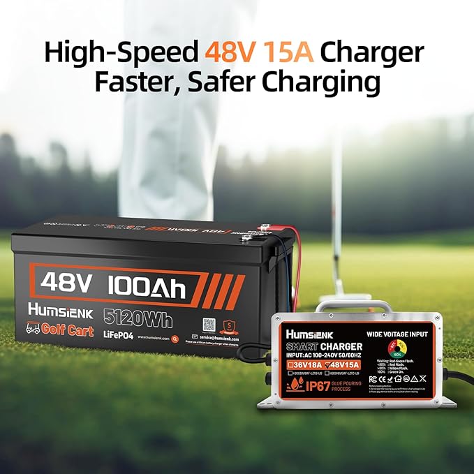2PCS 48V Lithium Battery for Golf Cart with 48 Volt 15A Charger, Lifepo4 Batterys Built-in Bluetooth 5.0 & 200A BMS, 15000+ Deep Cycle Lithium Battery, 42-58 Mile Ranges for Golf Cart