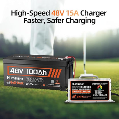 2PCS 48V Lithium Battery for Golf Cart with 48 Volt 15A Charger, Lifepo4 Batterys Built-in Bluetooth 5.0 & 200A BMS, 15000+ Deep Cycle Lithium Battery, 42-58 Mile Ranges for Golf Cart