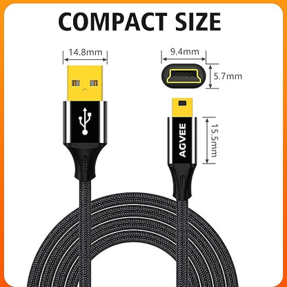 AGVEE 2 Pack 5ft Mini USB Cable, Braided Durable USB-A to Mini-B Charger Charging Cord for TI-84, Garmin GPS, Go-Pro Hero 4 3 2 HD, PS3 Controller, Canon Camera, Blue Yeti Microphone, Black
