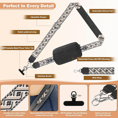 Clip and Go Strap for Phone with Wallet Crossbody, Adjustable Phone Lanyard with Detachable RFID Wristlet Wallet, Pattern Strap - Black (L)