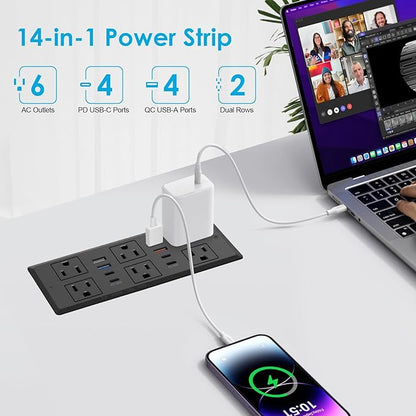 Recessed Power Strip with PD 30W Fast Charging, Conference Desk Flush Mount Outlets Plug in 6 Outlets & 8 USB Ports,3FT Cord Furniture Drawer Outlet Black