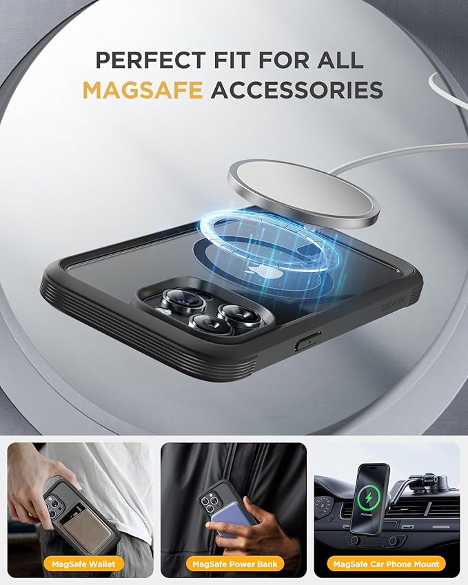 Miracase Magnetic for iPhone 12 Pro Max Case [Compatible with MagSafe] Full-Body Phone case with Built-in Glass Screen Protector& Camera Protector, Military Drop Proof 12 Pro Max Cover, Black