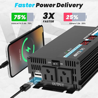 600W Power Inverter Pure Sine Wave Inverter 12V DC to 120V AC Converter for Car, Truck, Home, Vehicles, Laptop, Car Inverter 12V to 110V with 2 AC Outlets, 2 USB Ports, LCD Display