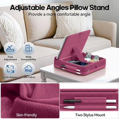 KDD Tablet Pillow Stand with Storage, Foldable iPad Holder for Lap, Desk and Bed, Angle Adjustable Soft Pad Dock with Stylus Mount Compatible with iPad Pro, Air, mini, Book, Phone and Tablet (4-13")
