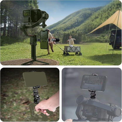 Neewer Metal Phone Tripod Mount with Cold Shoe Mount NATO Clamp Compatible with DJI RS4 RS3 Pro RS2 RSC2 Gimbal Stabilizer, 180° Tilt Phone Clip Holder Compatible with iPhone 15 Pro Camera Cage, GA010