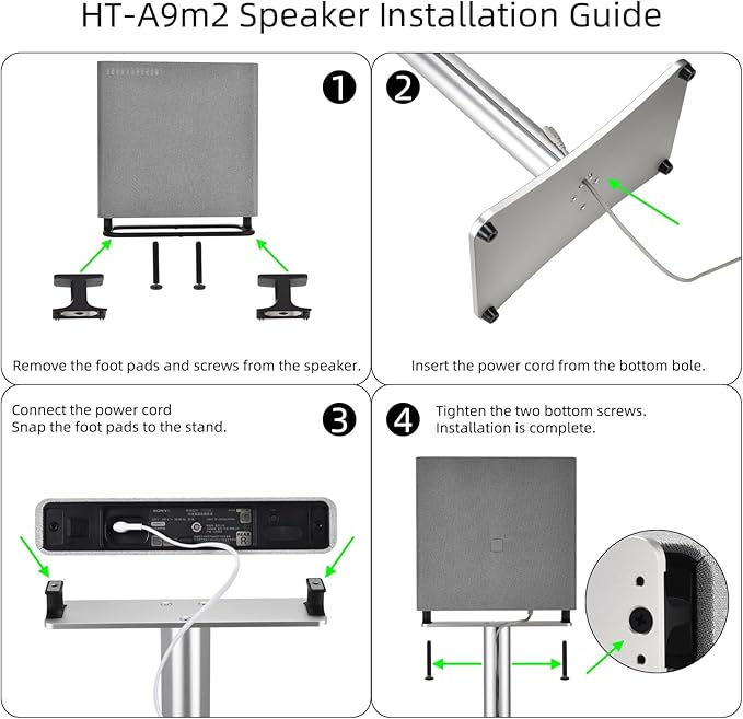 Luxury Floor Stand for Sony HT-A9M2 HT-A9 SA-RRS5 - Aerospace Aluminum Speaker Stand with Adapter Kits, Hi-End Home Theater Accessory, Silver Finish