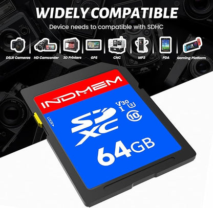 INDMEM SD Card 64GB 8-Pack, Class 10 64GB High Speed up to 90M/S Full HD Video Flash Memory Card MLC Standard Secure Digital Cards Camera Cards