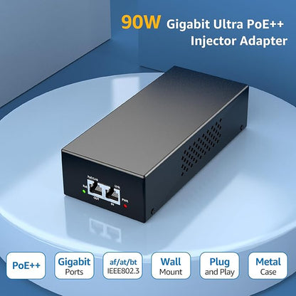 YuanLey Gigabit PoE Injector 90W, 10/100/1000Mbps PoE++ Injector Adapter, IEEE 802.3bt/at/af, Up to 325 Feet, Metal Case Desktop/Wall-Mount, Plug & Play