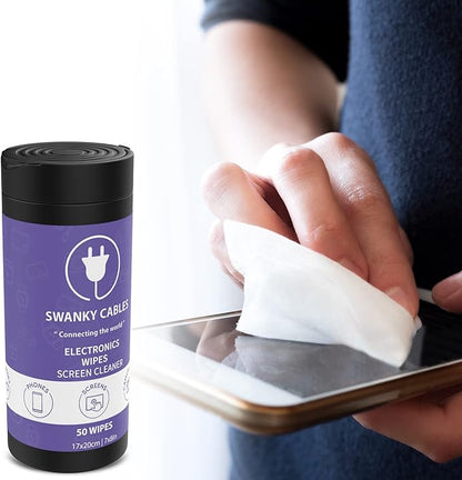 Swanky Cables Screen Cleaner Wipes: Electronic Wipes for Screens - Computer Screen Wipes for Lens, Phone, Tv Screen and Monitor Cleaning - Tech Wipes & Microfiber Cloth (Canister, 50 Count)
