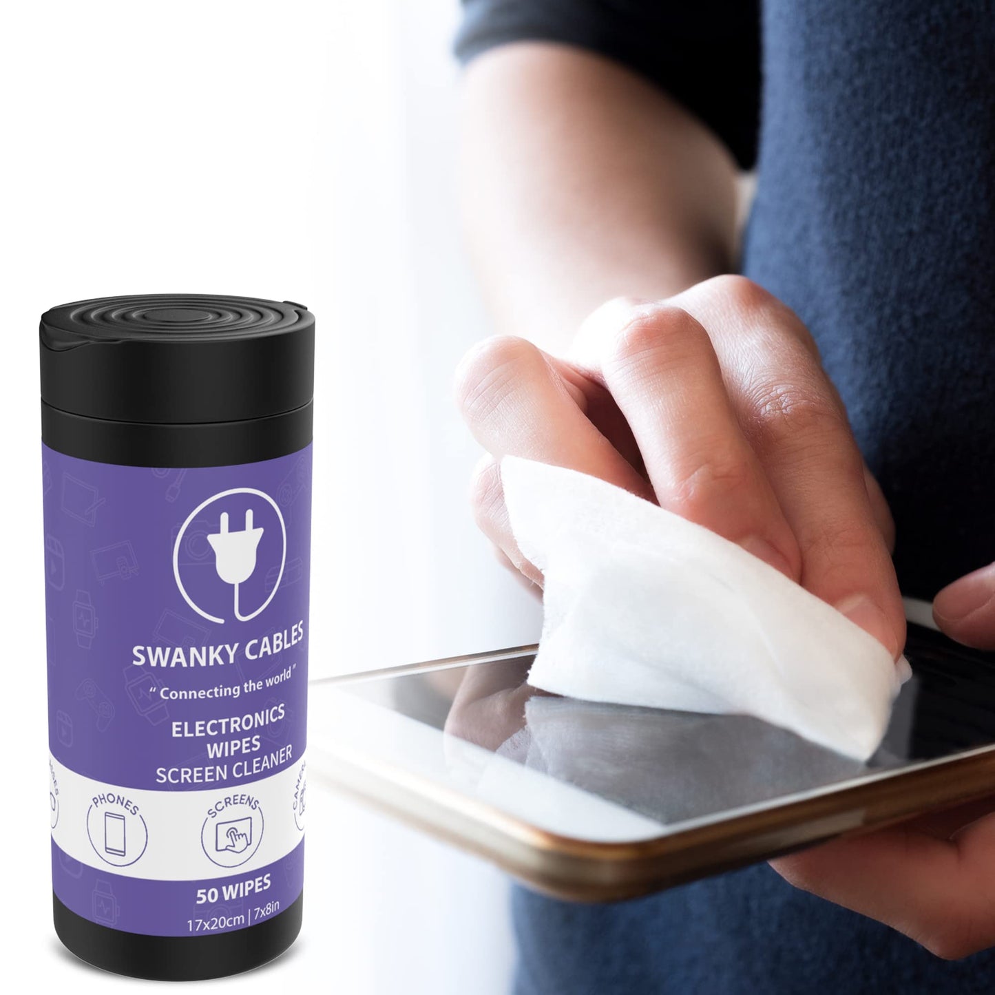 Swanky Cables Electronic Cleaning Wipes - Computer, TV, Monitor, Phone, Laptop, Tablet, Keyboard, Camera & Lens Cleaner, Portable Tech Screen Cleaner - With Microfiber Cloth - Canister, 150 Count