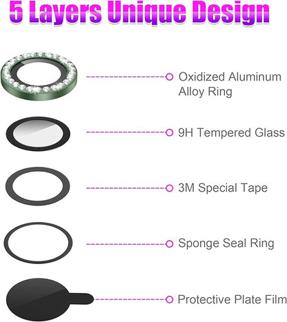 AGVEE 3+3 6 Pack for iPhone 13 6.1 inch / 13 Mini 5.4 inch Camera Lens Cover Protector, Bling Diamond & Bling Glitter Metal Ring 9H Tempered HD Glass Camera Cover Protector Film, Bling-Green