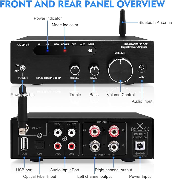 Beffkkip Amplifier Home Audio,Stereo Receiver Bluetooth 5.0 Power amp 100W x2 Wireless HiFi Stereo Class D Digital 2 Channel Integrated with Bass Treble Control for Passive Speakers