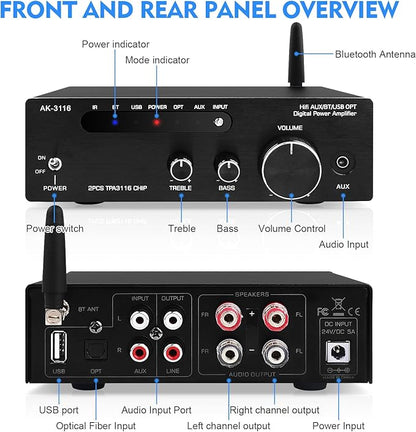 Beffkkip Amplifier Home Audio,Stereo Receiver Bluetooth 5.0 Power amp 100W x2 Wireless HiFi Stereo Class D Digital 2 Channel Integrated with Bass Treble Control for Passive Speakers