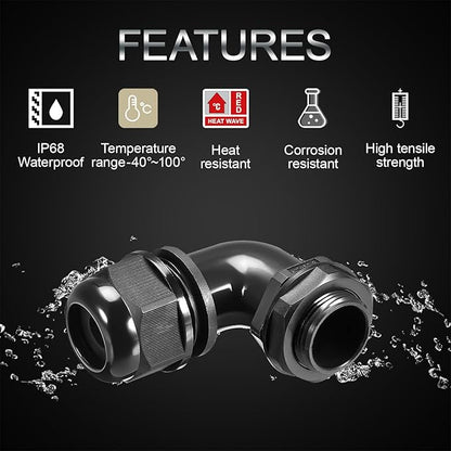 LeMotech M16 Cable Gland, 90 Degree Adjustable 6-10mm Strain Relief, Cord Connectors Nylon Joints with Gaskets, 2 Pcs, Black