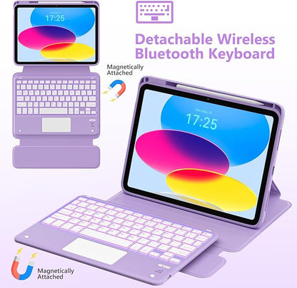 TaIYanG Touchpad for iPad A16 11th/10th Generation Case with Keyboard, 7 Color Backlit 360 Rotation Cover with Pencil Holder,Detachable Keyboard for iPad 11 inch 2025/10th Gen 10.9'' 2022 (Purple)