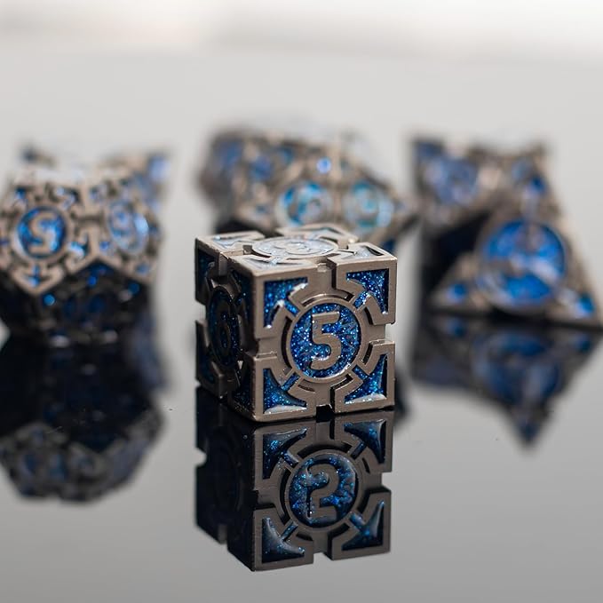 Blue Black Nickel Finish Heavy Metal DND Dice Set (Wizard) with A Metal Box, Sharp Edge Zinc Alloy D&D Accessories, D4-D20, Designed for Dungeons & Dragons Master, RPG Player, Starter