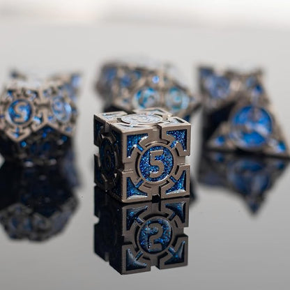 Blue Black Nickel Finish Heavy Metal DND Dice Set (Wizard) with A Metal Box, Sharp Edge Zinc Alloy D&D Accessories, D4-D20, Designed for Dungeons & Dragons Master, RPG Player, Starter