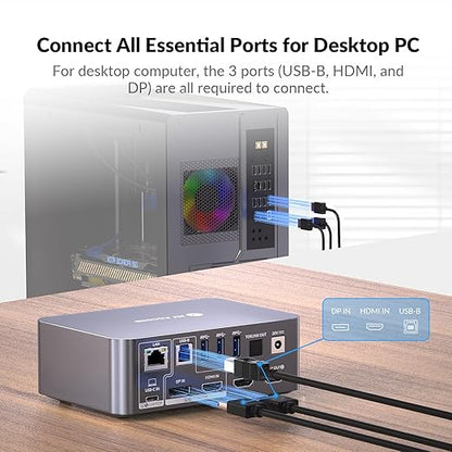 AV Access Docking Station Dual Monitor for Laptop & Desktop, USB-C Charge, Aluminum, KVM Switcher for 2 Computers with Ethernet, EDID, 4K@60Hz/2K@144Hz/1080P@240Hz, 3xUSB 3.0, Power Supply, Audio, SD