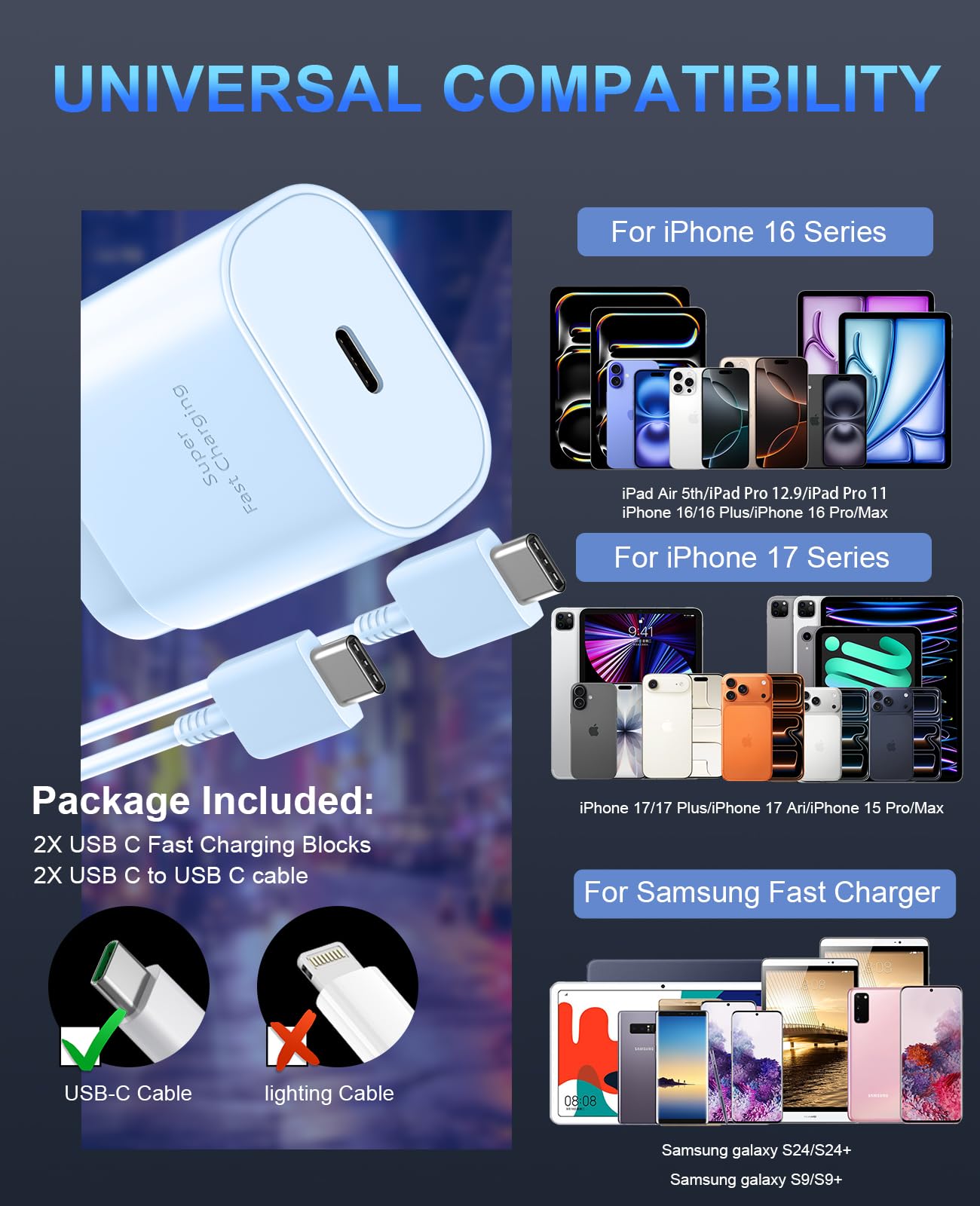 Phone 17 16 15 Charger Fast Charging,30W USB C Phone 17 16 15 Pro Max Charger Block &10FT Long Type C Cable Cord for i.Phone 17/Air/17 Pro/17 Pro Max/16/16 Plus/16 Pro/16 Pro Max/15/15 Pro Max,Blue