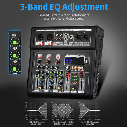 4-Channel Audio Mixer for PC, SX-4iu Mixing Console with XLR Inputs, Bluetooth, 99 Digital Signal Processor Effects, USB Interface, MP3 Compatible for Podcast, Music, Recording 9.84"x2.17"x9.84"inches