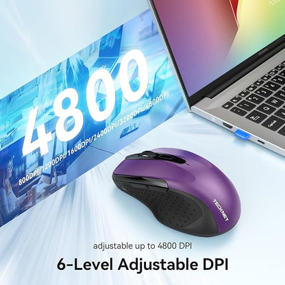 TECKNET Rechargeable Jiggler Wireless Mouse (BT5.0/3.0 & 2.4G) 4800 DPI Silent USB A & Bluetooth Mouse 6 Buttons, Wide Compatibility - Purple