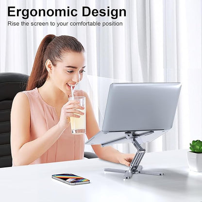 LIENS Adjustable Laptop Stand with 360 Rotating Base, Aluminum Laptop Riser for Desk Foldable, Ergonomic Notebook Stand Holder Compatible with iPad and MacBook/All Laptops up to 16 inches - Silver