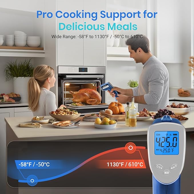 Etekcity Infrared Thermometer 1080, Heat Temperature Temp Gun for Cooking, Laser IR Surface Tool for Pizza Oven, Meat, Griddle, Grill, HVAC, Engine, Accessories, -58°F to 1130°F, Blue