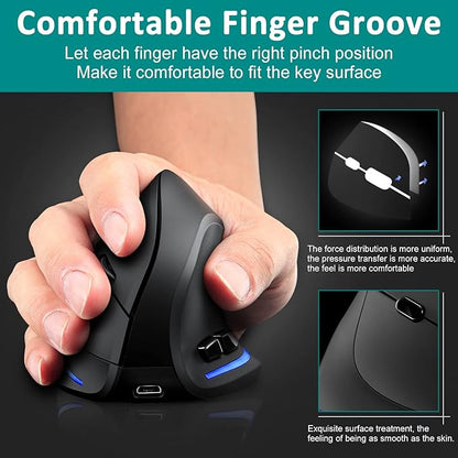 TRELC Wireless Mouse Tri-Mode (BT 5.0/3.0+2.4GHz), Ergonomic Vertical Mouses with 3 Adjustable DPI, Rechargeable Optical Wireless Mice for 3 Devices, 7 Buttons for PC, Desktop, Laptop, Tablet (Black)
