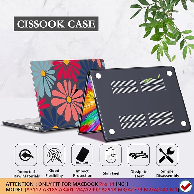 CISSOOK Compatible with MacBook Pro 14 inch 2025 2024-2021 Release M4 M3 M2 M1 Chip A3112 A3185 A3401 A2918 A2992 A2779 A2442l, Hard Shell Case with Keyboard Cover&Screen Protector, Daisy Flowers