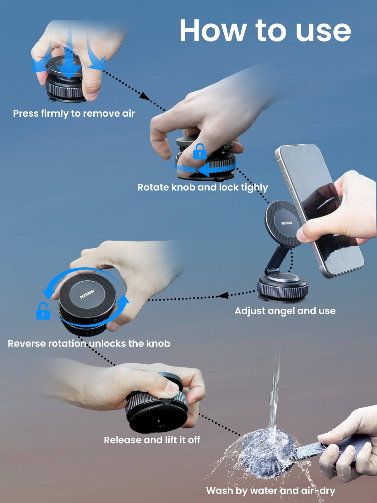 BEEGROW Magnetic Car Phone Holder for Magsafe, Alloy 360° Folding Cell Car Phone Mount with Ultra Stable Suction Cup and Reusable Gel, Dashboard Windshield Stand for iPhone 17-12 Android Pixel Samsung