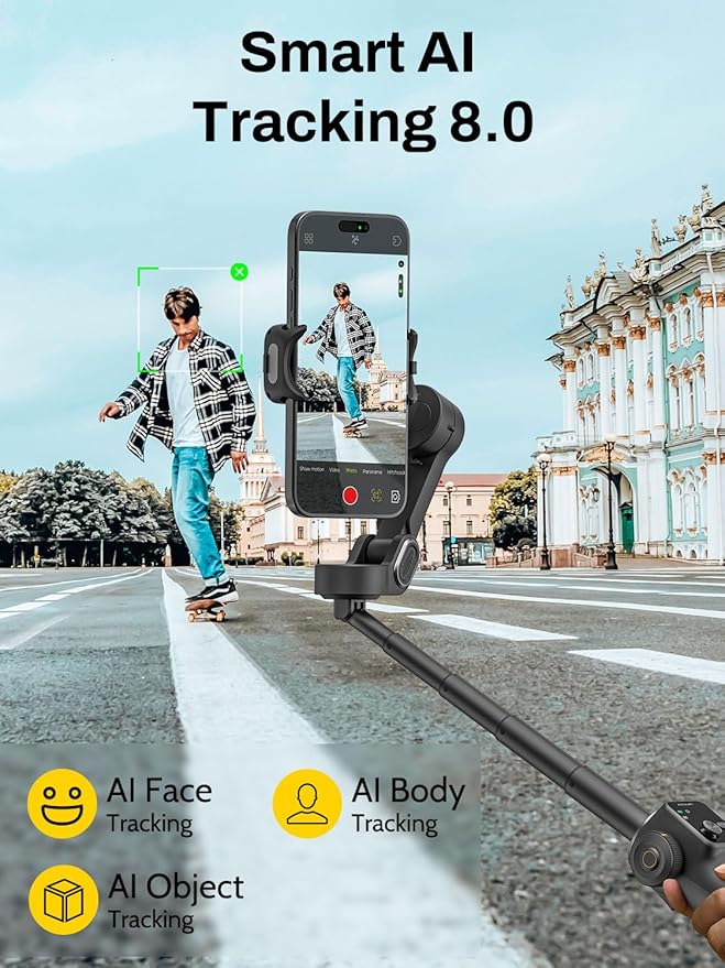 3-Axis Gimbal Stabilizer for iPhone, Smartphone Gimbal w/7.8" Extension Rod, OLED Display, Phone Stabilizer w/Face Tracking, Gesture Control, Video Record for iPhone & Android - Smart V8 Black