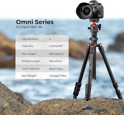 K&F CONCEPT 64 inch/163 cm Camera Tripod,Lightweight Travel Outdoor DSLR Tripods with 360 Degree Ball Head Load Capacity 17.6 lbs/8 kg,Cellphone Clip for Smartphone Live Streaming Vlog O234A1+BH-36