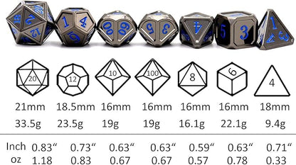Haxtec Black Metal DND Dice Set D&D W/Gift Metal Case Polyhedral Dice Compatible with Dungeons and Dragons TTRPG-Black Blue Numbers