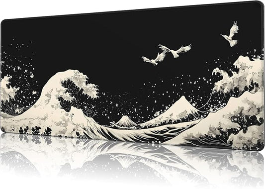 Mouse Pad Large White Wave Non-Slip Gaming Desk Mat with Stitched Edge Laptop Keyboard Desk Pad for Work Home Gaming (35.4 x 15.7 Inches)