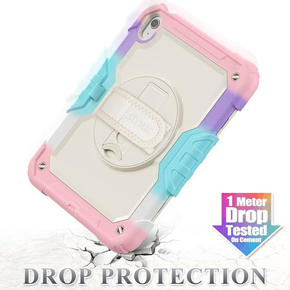 SEYMAC stock Case for iPad (A16) 11th/10th Generation 11''/10.9'' 2025/2022, Full-Body Drop Protection Case with Screen Protector &360° Rotate Hand Strap/Stand, Yellowish+Pink