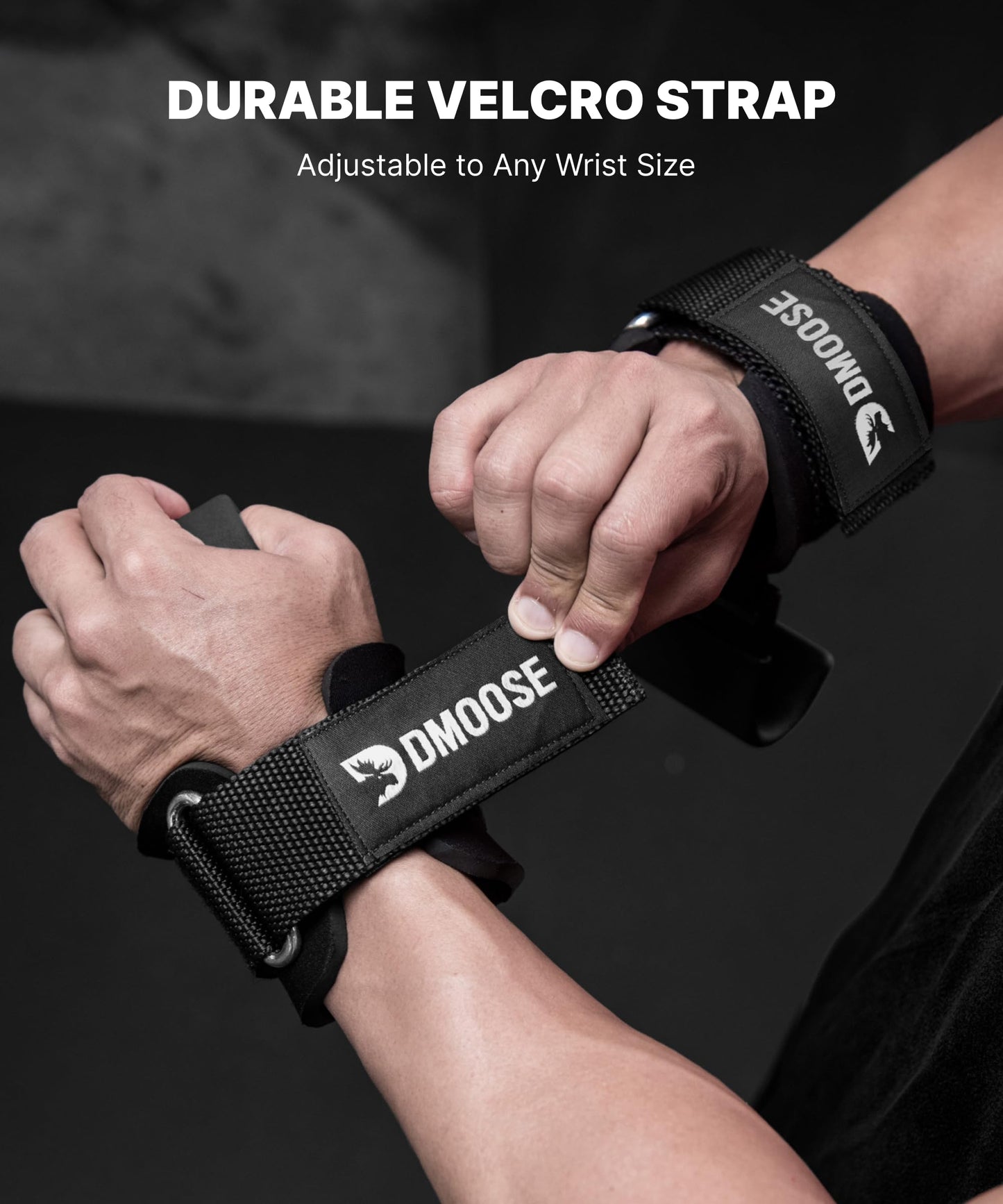 DMoose Fitness Weight Lifting Hooks (Pair) for Deadlifts, Pull Ups, Rows & Shrugs - Anti-Rip Nylon Strap Hand Grips with Thick Wrist Padding - Heavy Duty Wrist Straps for Weightlifting (Grey)