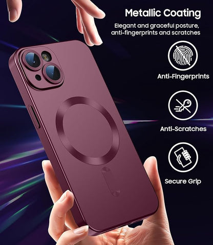 Magnetic for iPhone 14 Case [Compatible with MagSafe][Built-in Camera Lens Protector] Slim Soft Silicone Bumper Shockproof Metallic Luster Phone Case (Burgundy)