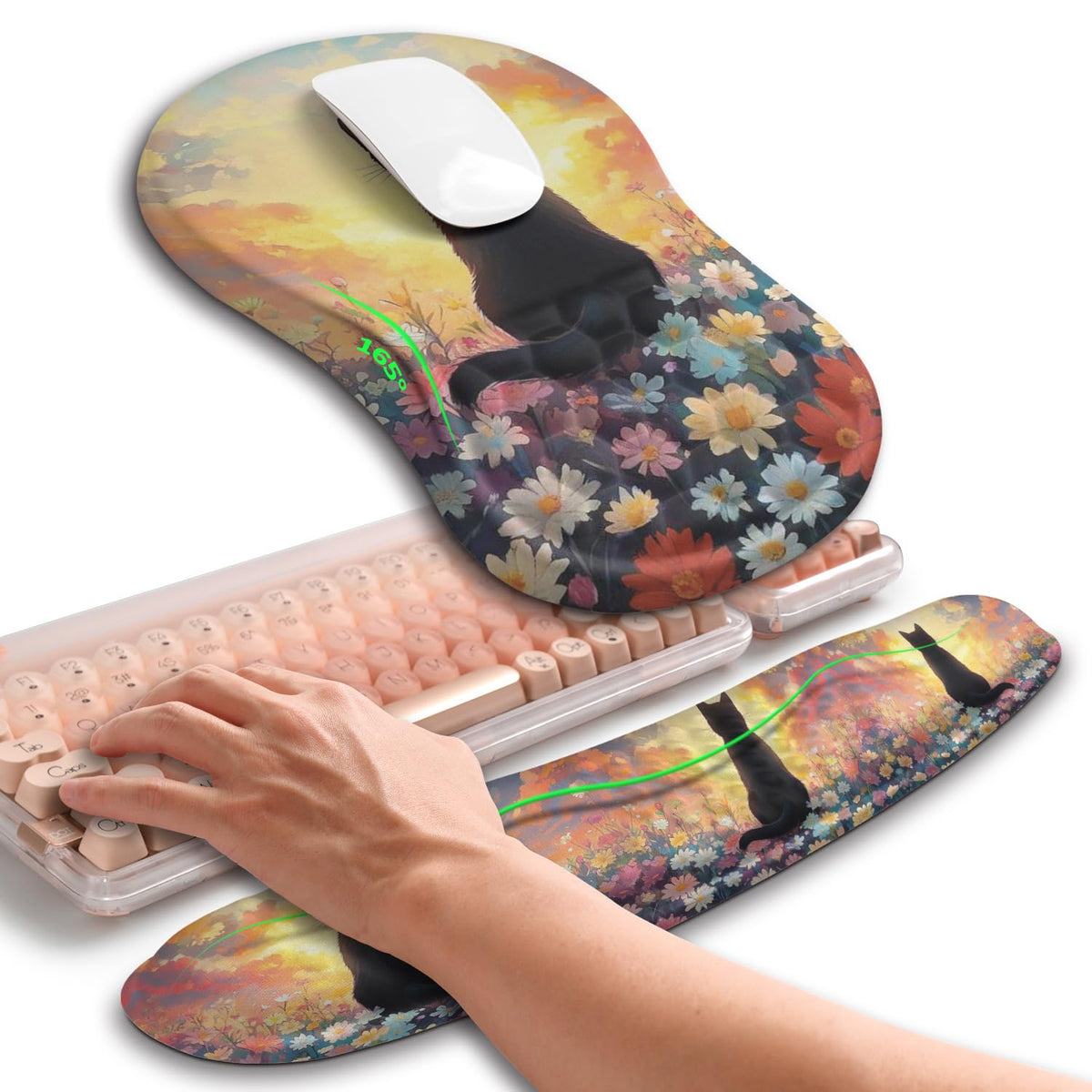 Hokafenle 2in1 Combination, Wave Keyboard Wrist Rest and Ergonomic Curvature Mouse Pad Wrist Support for Relieve Wrist Pain, Filled with Soft Cushion Memory Foam, Golden Pink Marble