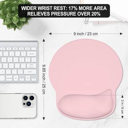 ITNRSIIET Ergonomic Mouse Pad with Wider Memory Foam Wrist Rest +17%, Curved Cushion Reduces Pressure 20%, Pain Relief, Non-Slip, Smooth, Cute Color Desk Accessory, 9.85 x 9 inch, Blush Pink
