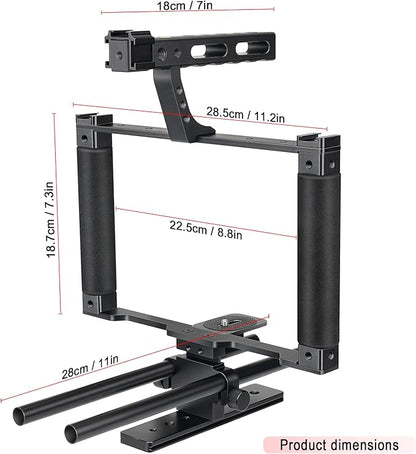 Universal Aluminum Alloy DSLR Mirrorless Camera Camcorder Stabilizer Extension Cage Mount for Mic Monitor Light, Movie Making Rig YouTube Tiktok Vlogging Video Kit w/Phone Holder for Canon Sony Nikon
