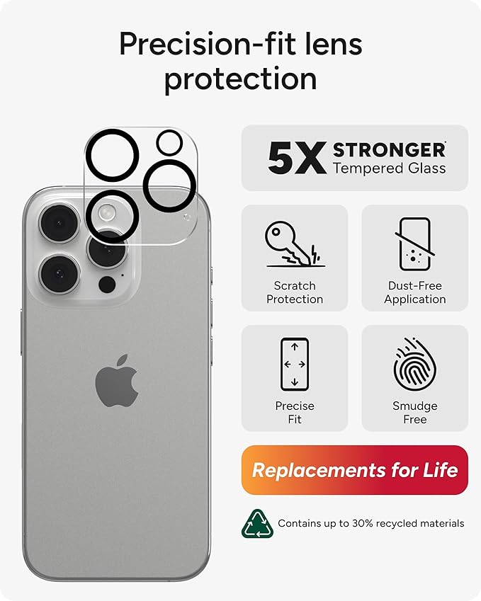 ZAGG Glass Elite Anti-Glare Camera Lens Protector for iPhone 16 Pro Max / 16 Pro - Anti-Reflective Glass, 5X Stronger, Smudge-Free, Eco-Friendly, Easy Installation