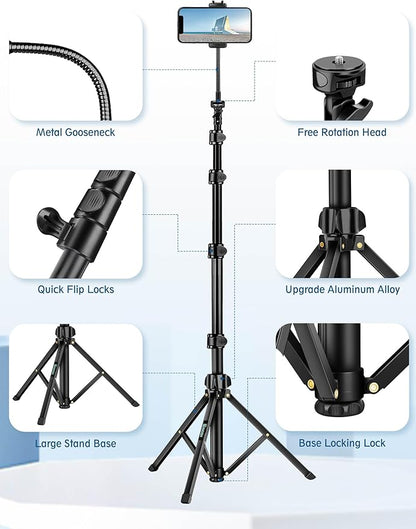 Phone Tripod, 85" Tripod for Cell Phone iPhone with Gooseneck, Aluminum Tripods Stand for Video Recording Photo Vlog, Travel Cellphone Tripod with Remote Compatible with iPhone Android