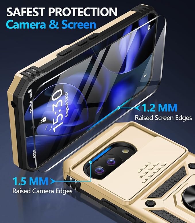 Taisairu for Google Pixel 9A Case with Screen Protector & Slide Camera Lens Cover, Built-in 360°Rotate Magnetic Ring Stand Shockproof Protective Phone Case for Google Pixel 9A Case (Gold)