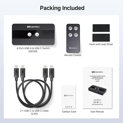 Cable Matters USB C Switch for 2 Computers with Remote Control, 10Gbps Data Transfer, Shares 2X USB-A and 2X USB-C Peripherals (Keyboard, Mouse, Printer, SSD), Data Only - No Video, No Host Charging