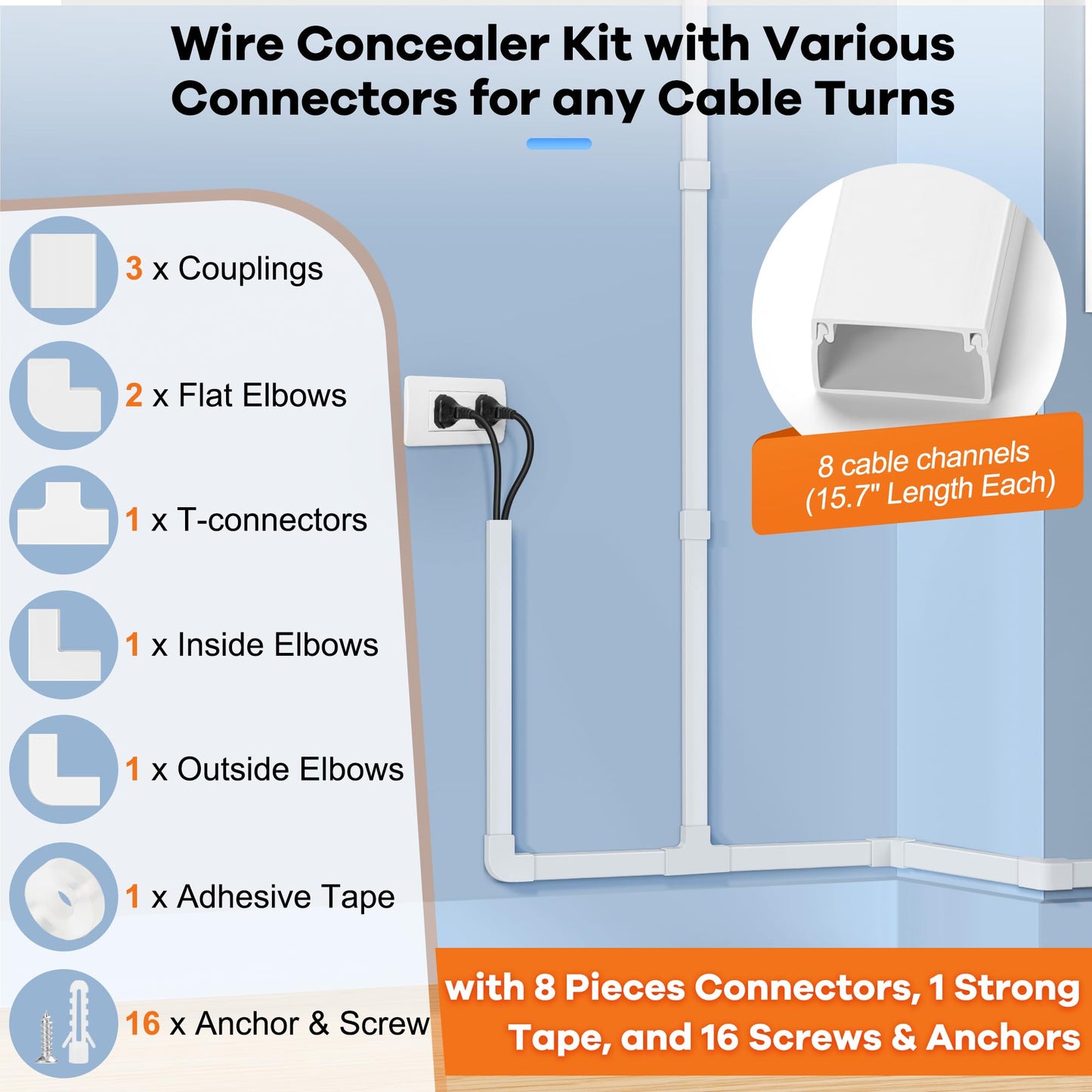 126in Cord Hider Kit, ZhiYo Wire Hiders for TV on Wall, Paintable Cable Management Kit, Wire Cover for Wall Mount TV, White Cable Raceway, Cord Cover Wire Management Kit, 8 x L15.7in W1.18in H0.67in