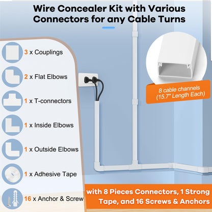 126in Cord Hider Kit, ZhiYo Wire Hiders for TV on Wall, Paintable Cable Management Kit, Wire Cover for Wall Mount TV, White Cable Raceway, Cord Cover Wire Management Kit, 8 x L15.7in W1.18in H0.67in