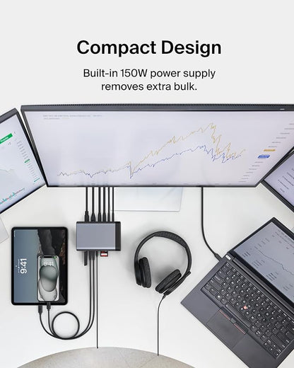 Belkin USB-C Hub, 11-in-1 Pro GaN Dock 150W, Multi-Port Docking Station w/USB-C, USB-A, Ethernet, SD, MicroSD, 3.5mm Port, 4K HDMI Ports for Triple Monitor Display - Compatible w/MacBook Pro & More