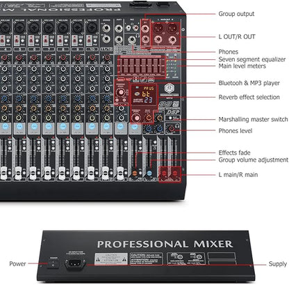 W IN-MIX DX12 Professional DJ Audio Mixer 12 Channel with 99 DSP Effects,7-band EQ,Independent 48V Phantom Power&Mute Button,Bluetooth Function,USB Interface Recording For Studio & Stage