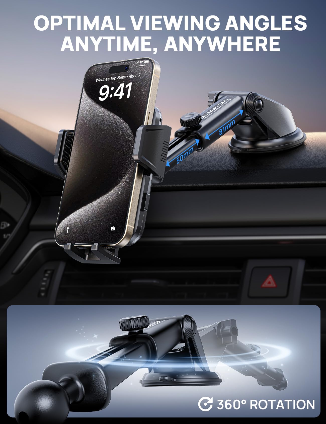 2026 Ultimate Car Phone Holder Mount (+Air Vent Clip) [Military Grade Stable], 360° Rotatable Suction Cup Car Phone Mount for Dashboard Windshield,Truck Cradle Stand for iPhone 17 16 Pro Max Samsung