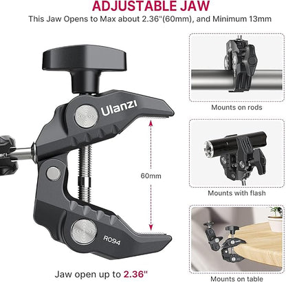 ULANZI Super Clamp Camera Clamp Mount Monitor 360° Ballhead Magic Arm Double Ball Head Adapter with 1/4"-20 & 3/8"-16 Thread for Canon Nikon DSLR Camera/Gopro/LED Lights/Ronin-M/Ronin MX/Freefly MOVI